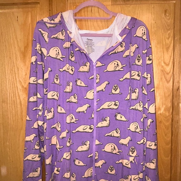 MeUndies Women's Seal Print Hooded Pajama Jumpsuit One Piece Sleepwear - Picture 4 of 11